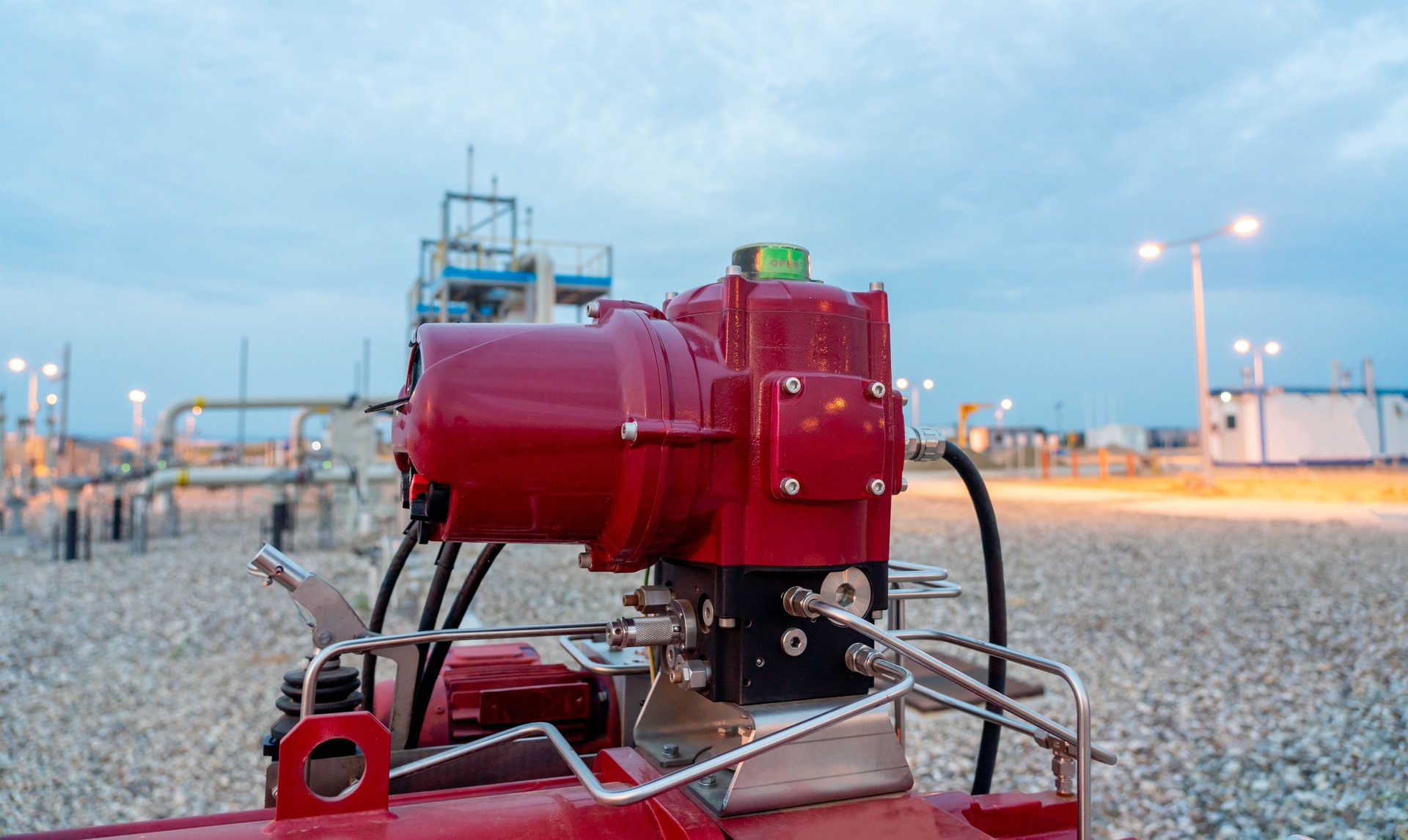 Emergency gas blow down valve on gas equipment with red actuator